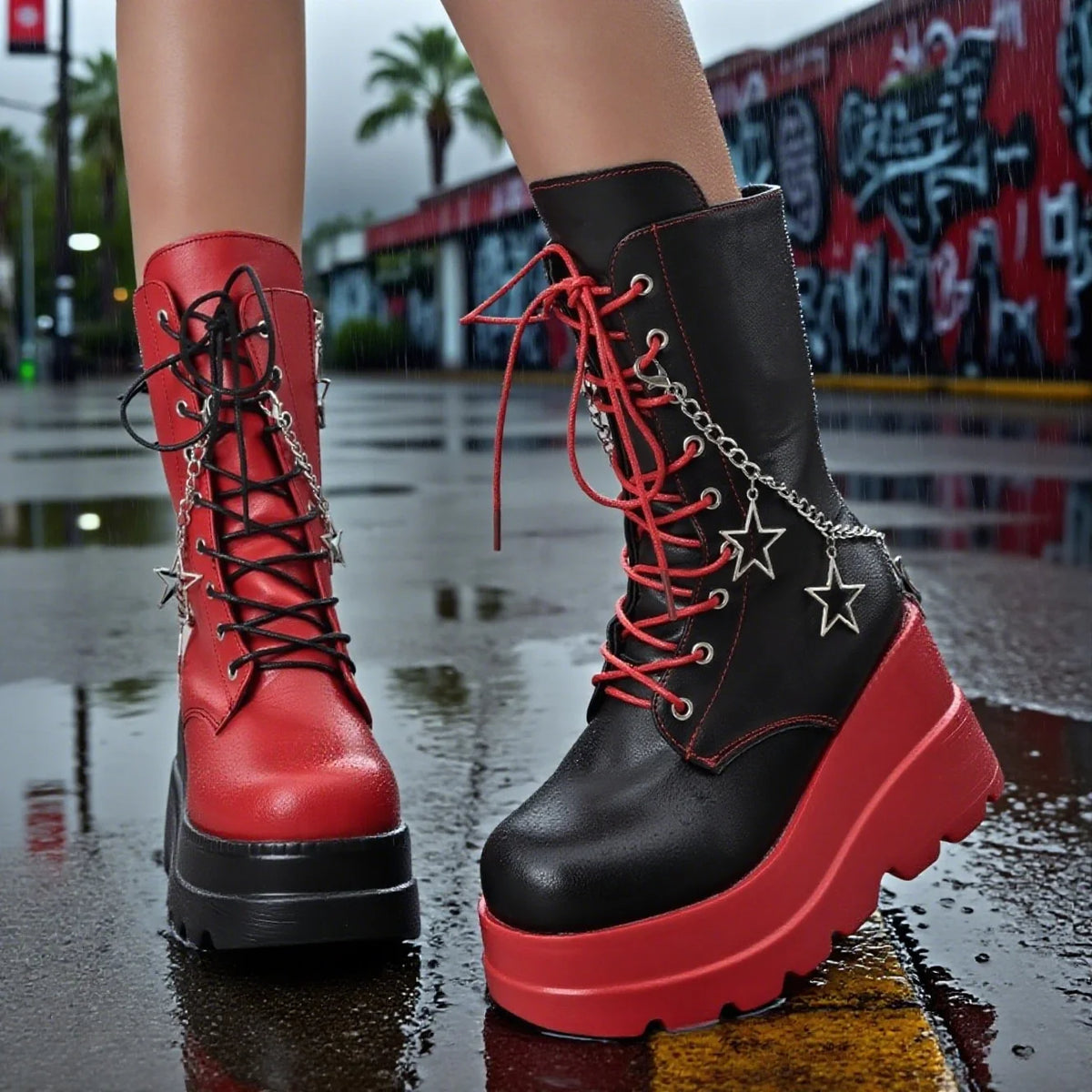 Women Y2K Platform Heel Gothic Round Toe Boots Combat Motorcycle Punk Lace Up Boots with Side Zipper Boots